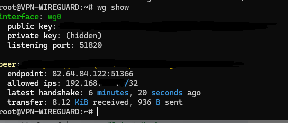Capture d'écran du résultat de la commande wg show sur le serveur